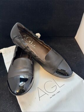 AGL Luxury Black Leather Flats with Patent Toe Cap - Made in Italy